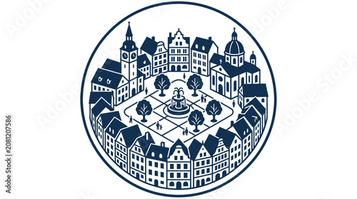 Circular European Town Square Illustration with Buildings, Fountain, and People