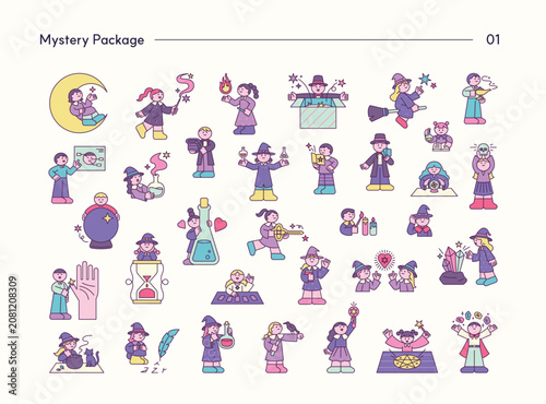 Minimal mystery character collection featuring witches, wizards, magic, fortune telling, potions, occult, fantasy, and mystical illustrations.