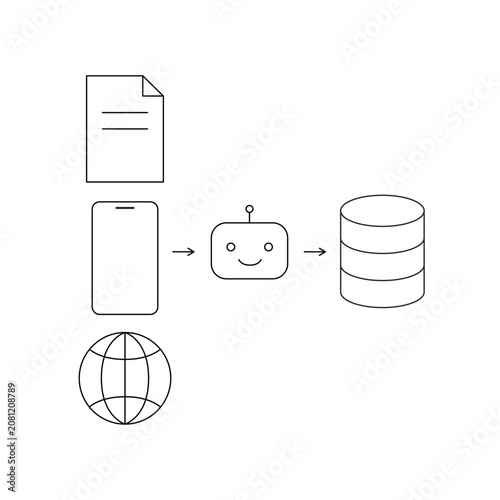 AI Data Collection Icon, Collecting Documents, Mobile and Web Data into Database, Artificial Intelligence Line Icon｜AIデータ収集アイコン 文書 スマホ Web データ収集 データベース 人工知能 線画