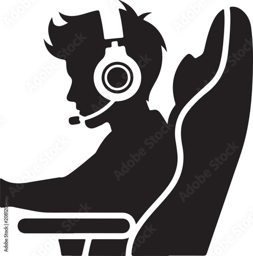 Illustration of a man sitting in a chair wearing a headset and working on computer