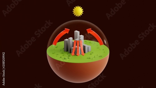Heat dome infographic illustrating trapped hot air over a modern city beneath intense sunlight in a low poly 3D style on an isolated scene, visualizing heatwave, urban climate, and global warming.