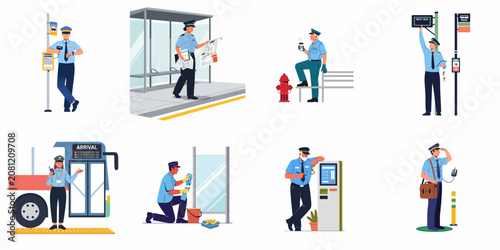 Flat vector illustration set of public transit workers including bus drivers, cleaners, and attendants performing various tasks at bus stops and stations.
