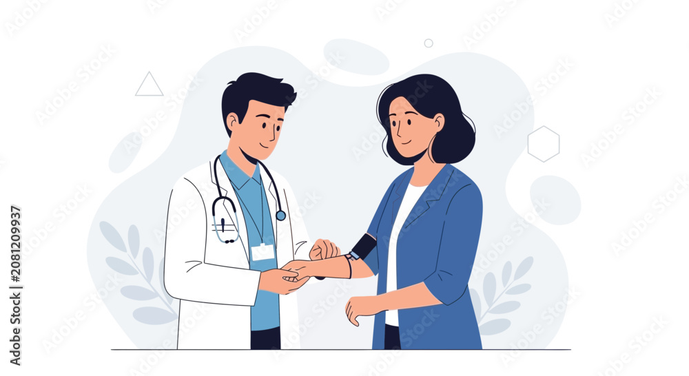 Fototapeta premium Doctor performing blood pressure check on patient in modern flat illustration style