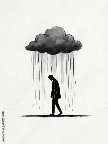 A lonely silhouette of a man walking under a dark rain cloud representing sadness and depression.