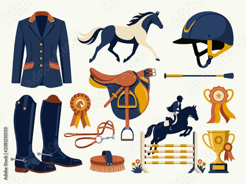 Foto Equestrian Sport Horse Riding Equipment and Gear Vector Collection