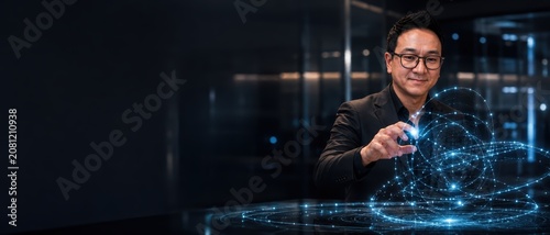 Asian Businessman Managing Futuristic AI Digital Data Network Banner