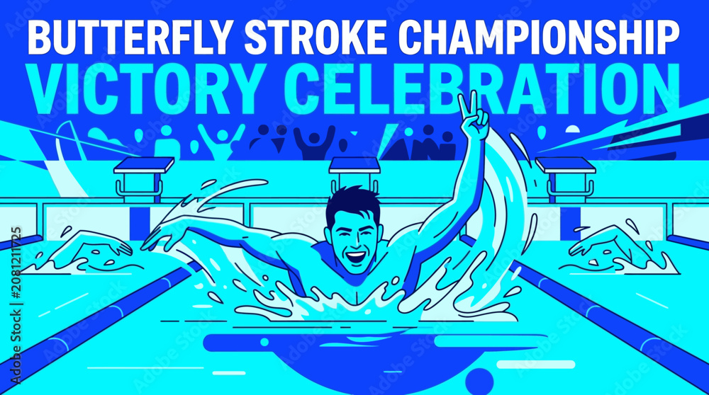 Obraz premium Championship Swimming Victory Celebration With Butterfly Stroke Champion