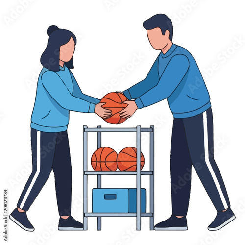 Two individuals a man and woman engaged in a sporting activity retrieving basketballs from a tiered rack in a communal setting emphasizing teamwork and athletic pursuits for sports related