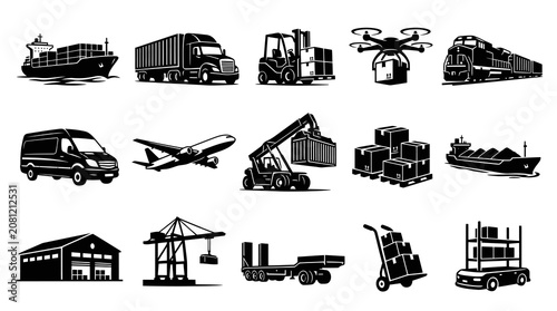 Black and White Icons of Logistics and Transportation Vehicles, Goods, Warehousing