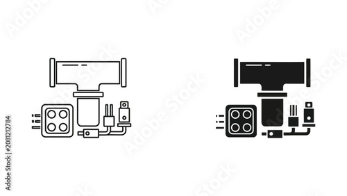 Industrial pipe fitting with electrical control panel vector icon