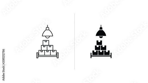Warehouse storage shelves with boxes and lamp vector icon set