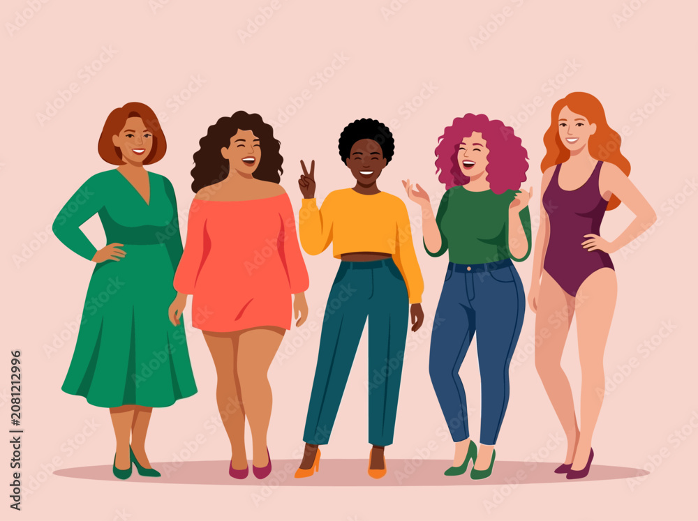 Obraz premium Diverse Women Group Illustration for Body Positivity, Inclusivity and Female Empowerment Flat Vector Art
