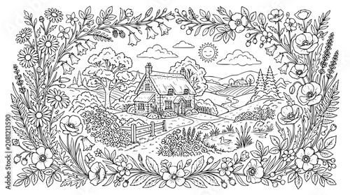 Detailed Country Cottage and Rural Landscape Coloring Page