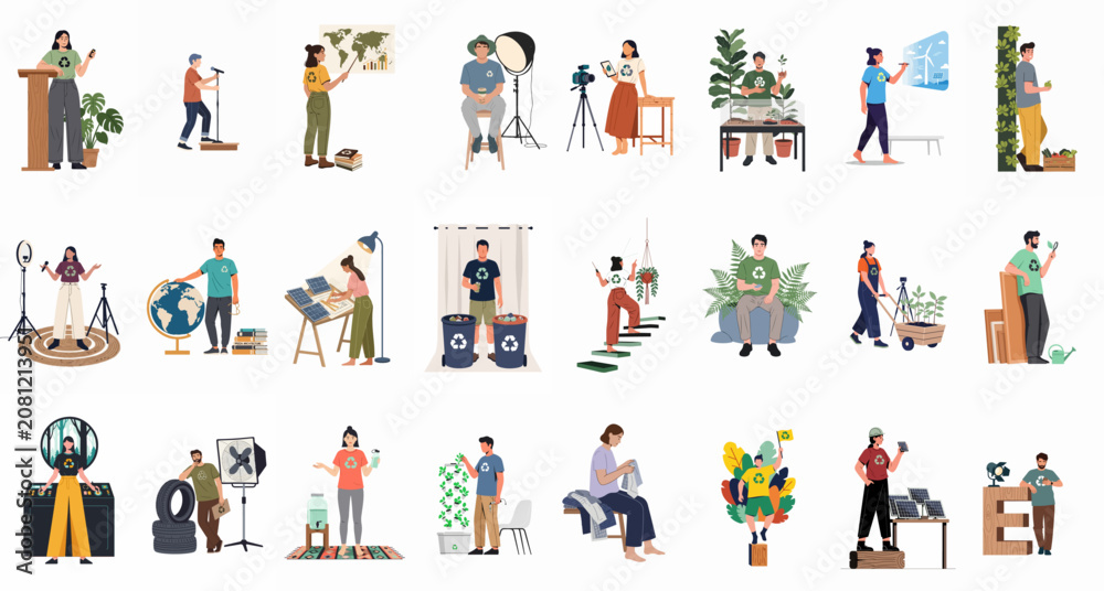 Fototapeta premium Diverse set of people participating in various eco-friendly activities, sustainability projects, recycling, and environmental conservation practices in flat illustration style.