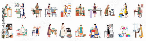 Photos Set of flat illustrations featuring women seamstresses, tailors, and dressmakers working with sewing machines, fabrics, and sewing tools in various workshop scenarios