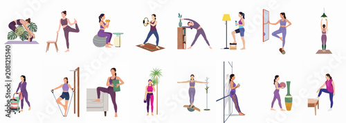 Foto Flat illustration set of women performing various home workout exercises using household objects and gym equipment to maintain a healthy lifestyle