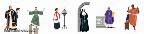 Fotografía Set of diverse religious clergy characters including priests, a nun, and an altar boy in traditional vestments performing various church duties