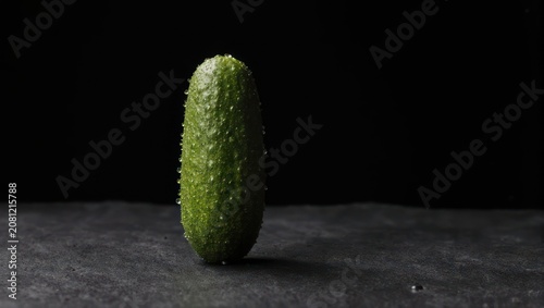 Textured green cucumber against a dark backdrop, lit to emphasize its bumpy surface