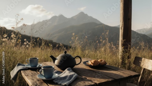 Teatime at a rustic wooden table with cups, teapot, pastries, and a mountain vista