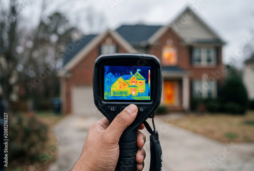 A hand pointing a thermal imaging camera at a brick house exterior