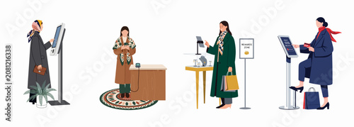 Obraz na plátně Collection of women using various self-service digital kiosks and payment systems in modern retail shops