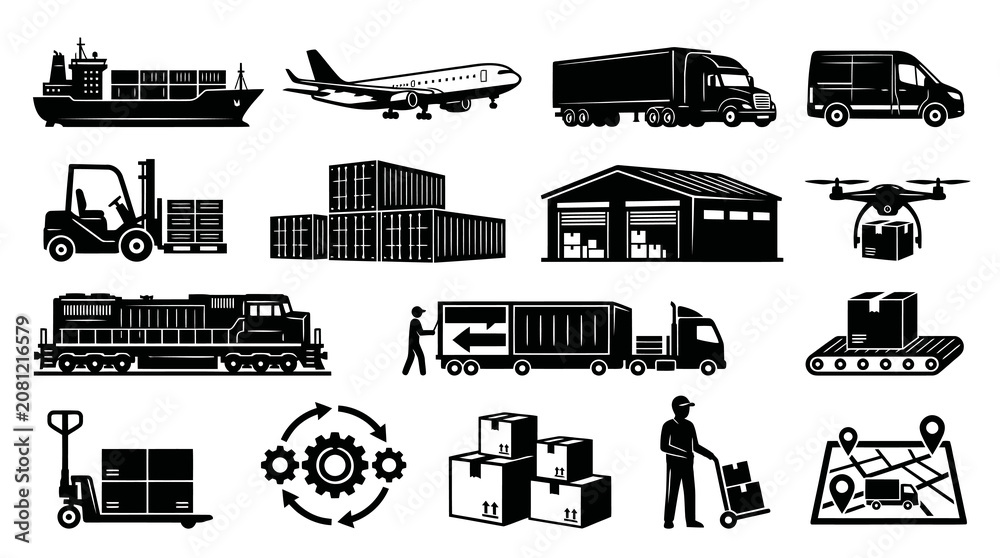 Obraz premium Logistics and Shipping Icons: Black and White Flat Icons Set