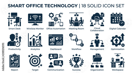 Icons represent smart office concepts.