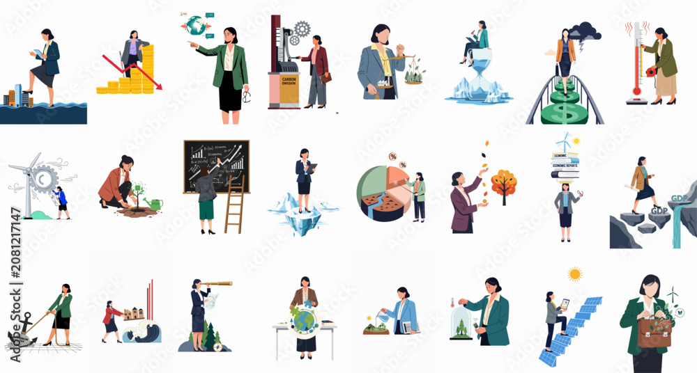 Fototapeta premium Business and Professional Women Addressing Environmental Sustainability, Climate Change, and Economic Global Impacts Through Various Illustrative Scenarios.