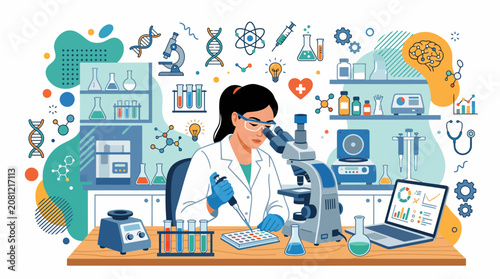 Obraz na płótnie Portrait of a scientist in a colorful laboratory conducting research and experiments