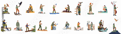 Photography Flat vector illustration set of wildlife experts, rangers, and conservationists interacting with and caring for various wild animals in their natural habitats