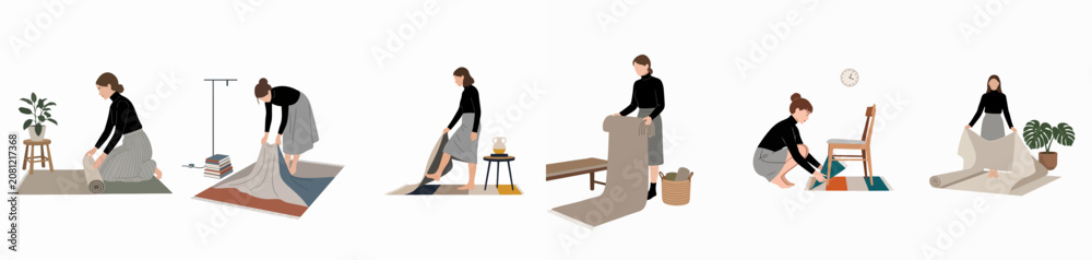 Fototapeta premium Minimalist flat vector illustrations of women rolling, unrolling, and arranging various stylish rugs and carpets in modern home interior scenes.