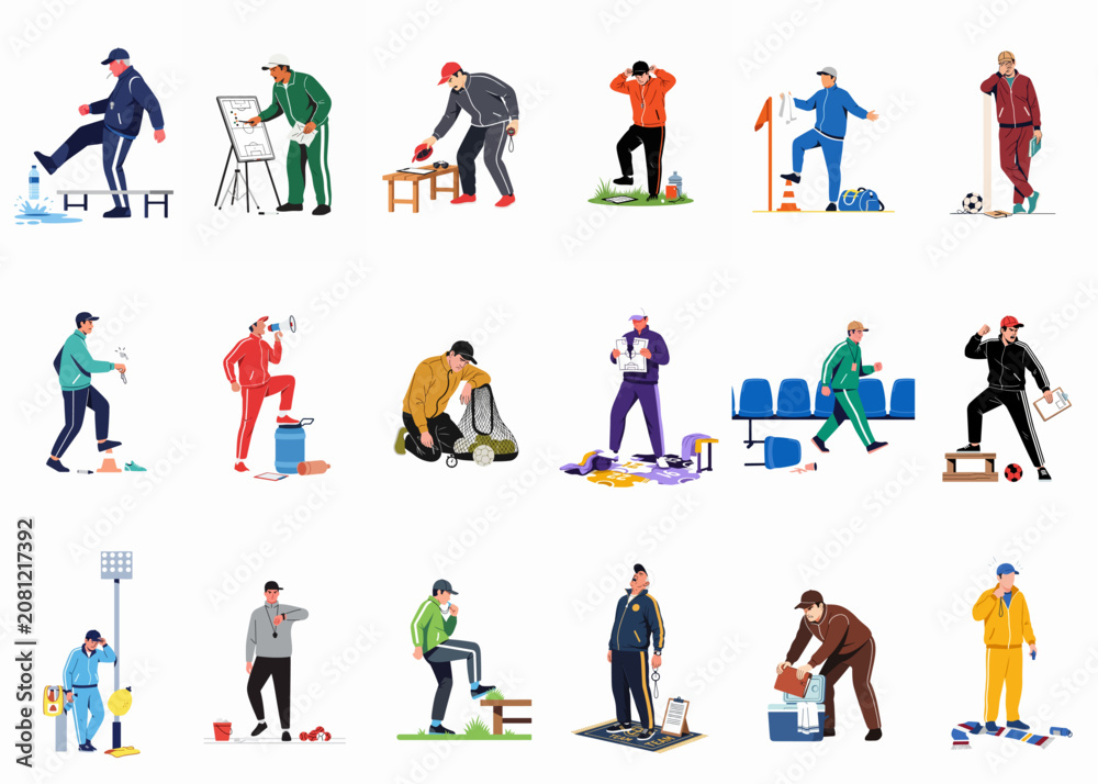 Fototapeta premium Flat vector illustration collection of sports coaches showing various emotions and actions including anger, frustration, coaching, and planning on a white background.