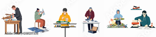 Collection of diverse people engaged in scale model building hobbies, assembling airplanes and various craft projects with tools and blueprints on white background.