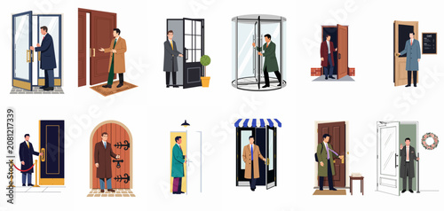 Set of vector illustrations featuring professional men in overcoats opening and entering various types of office, home, and shop doors.