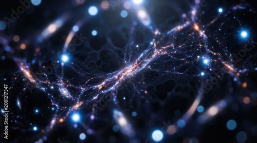 A deep-space panorama shows an anisotropic cosmic web of galaxy filaments, glowing clusters, and dark matter voids stretching across a tilted redshift map, with blue-white stars scattered along