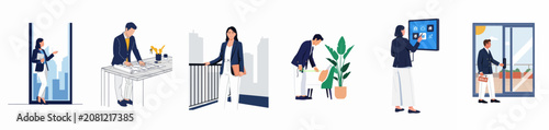 A collection of flat illustrations showing real estate professionals, architects, and interior designers working on property sales and home improvement projects.