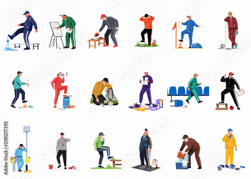 Flat vector illustration collection of sports coaches showing various emotions and actions including anger, frustration, coaching, and planning on a white background.