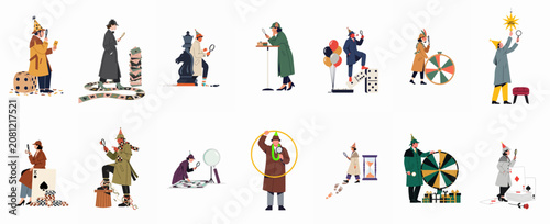Bilde på lerret Diverse collection of cartoon illustrations featuring detective characters engaged in various games and party activities with a mystery and celebration theme