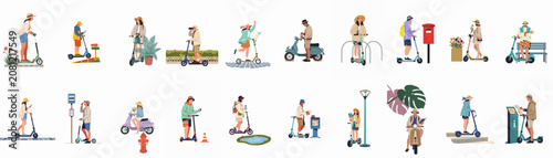 Collection of Diverse People Using Electric and Motor Scooters for Urban Travel, Commuting, and Sightseeing in Various City Environments.