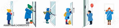 Illustrations of children in winter outfits interacting with elevators, showing curiosity and waiting at glass doors in various indoor settings.