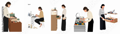 Set of flat vector illustrations depicting a professional woman organizing various office supplies and creative tools in a tidy minimalist workspace environment.