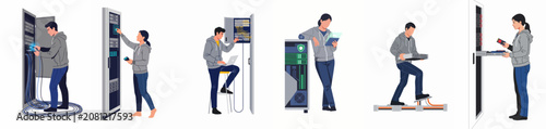 IT professionals and technicians working on server racks, networking hardware, and data center maintenance, flat vector illustration set.