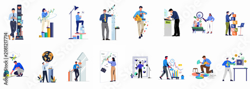 Diverse Collection of Business and Financial Illustrations Featuring Characters Analyzing Data, Investing, and Managing Wealth for Success.