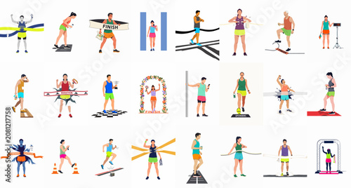 Diverse collection of marathon runners illustrations, showing men and women crossing the finish line, celebrating victory, and tracking their race performance.