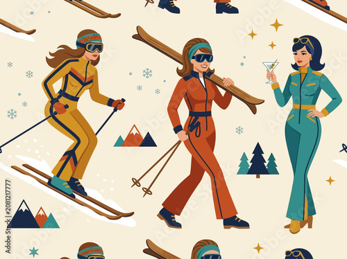 Retro Vintage Ski Seamless Pattern with Fashionable Women and Mid-Century Aesthetic