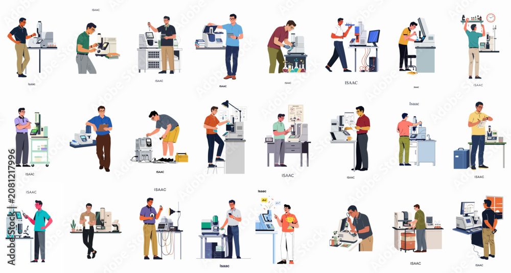 Fototapeta premium Collection of flat illustrations showing a male scientist or technician working in various laboratory and research environments with technical equipment.