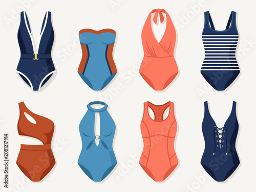 Collection of Modern Women's One-Piece Swimsuits in Navy, Coral, and Blue