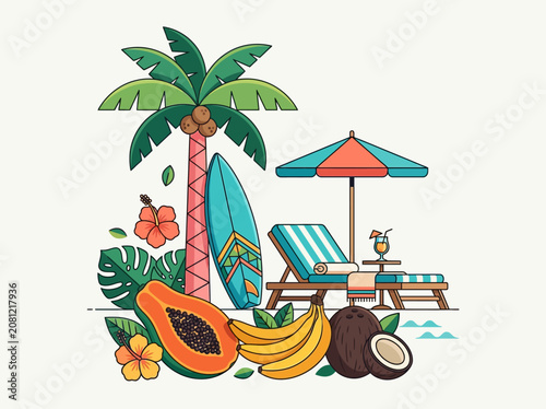Tropical Beach Vacation Vector Illustration with Palm Tree, Surfboard, and Exotic Fruits