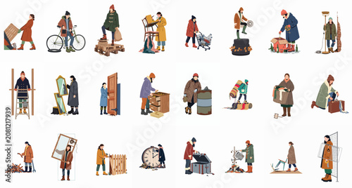 Obraz na plátně Large Set of Vector Illustrations Depicting People Recycling, Repurposing, and R