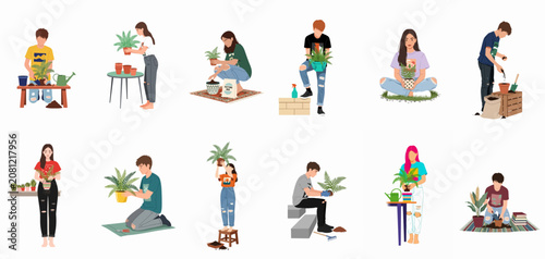 Collection of young people caring for houseplants, potting ferns, and urban gardening, featuring diverse characters in casual clothing on a white background.